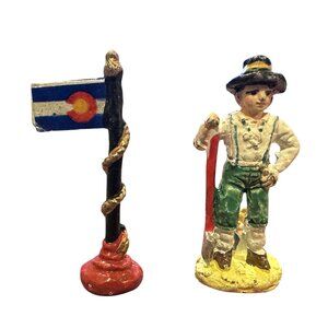 Vintage 98IRS China Lead Figure Man Holding Shovel & Flag Pole 1.25"